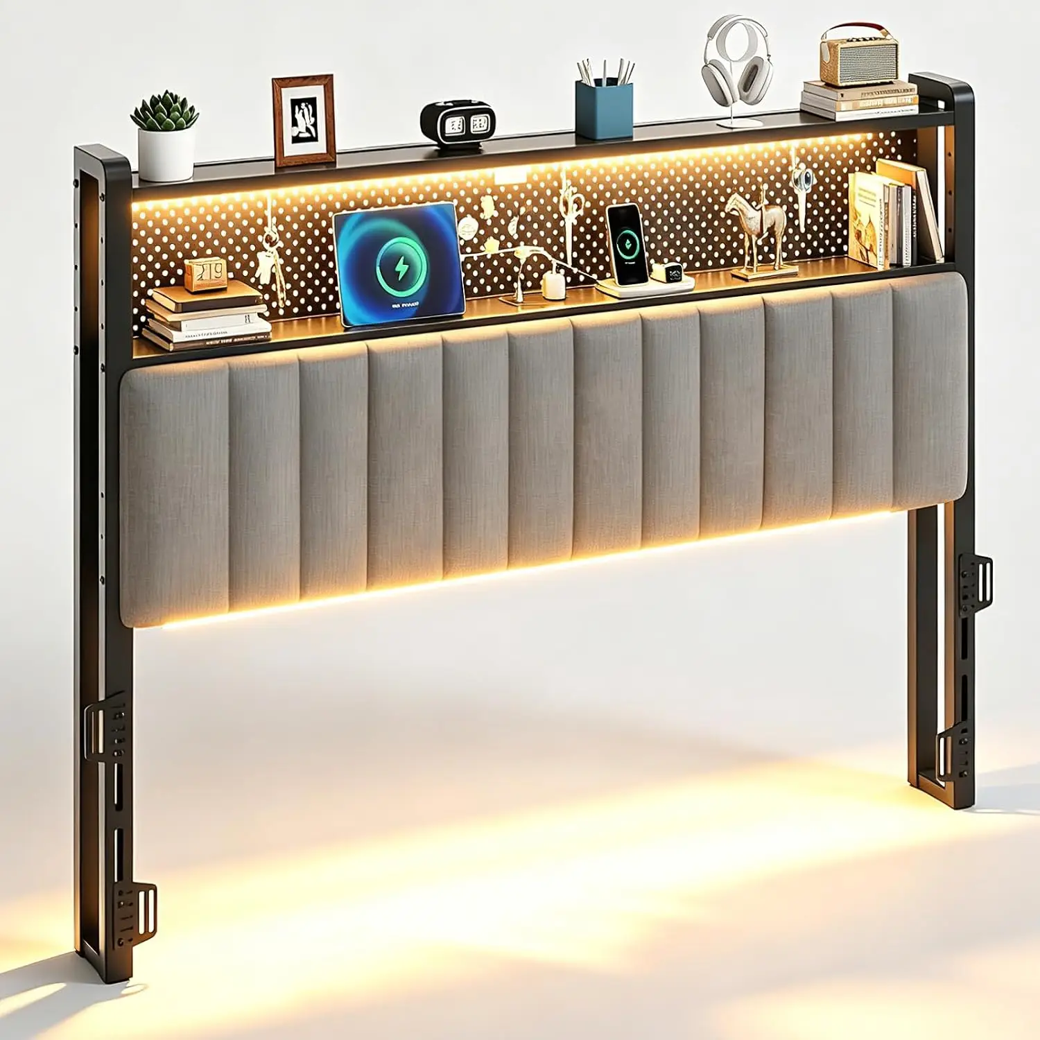 Full Size Headboard Only, Upholstered Head Board with 2 Tier Shelves and Pegboard with Charging Stations and LED, Customized
