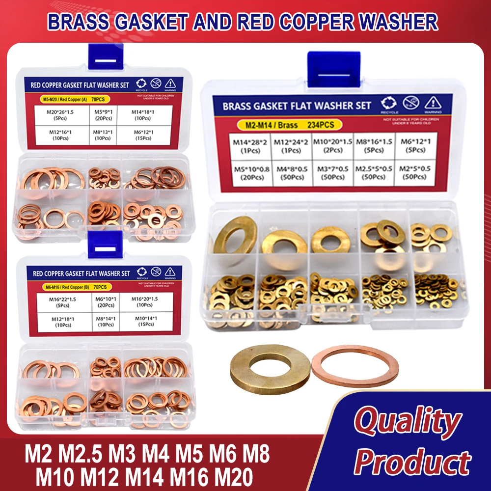 M2 M2.5 M3 M4 M5 M6 M8 M10 M12 M14 M16 M20 Brass Gasket And Red Copper Washer for Sump Plugs Bolt Flat Ring Seal Kit With Box