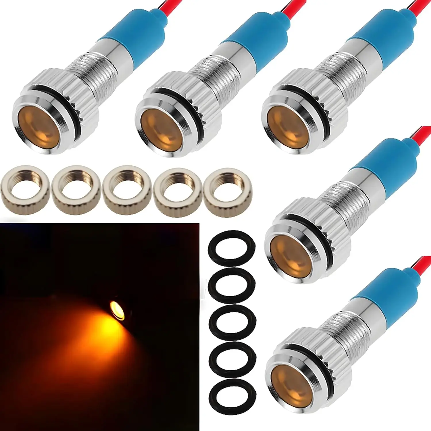 5pc 8 mm 1/4 LED Metal Indicator Light 12V Waterproof Signal Lamp Pilot Dash Directional Car Truck Boat with Wire (Yellow color)
