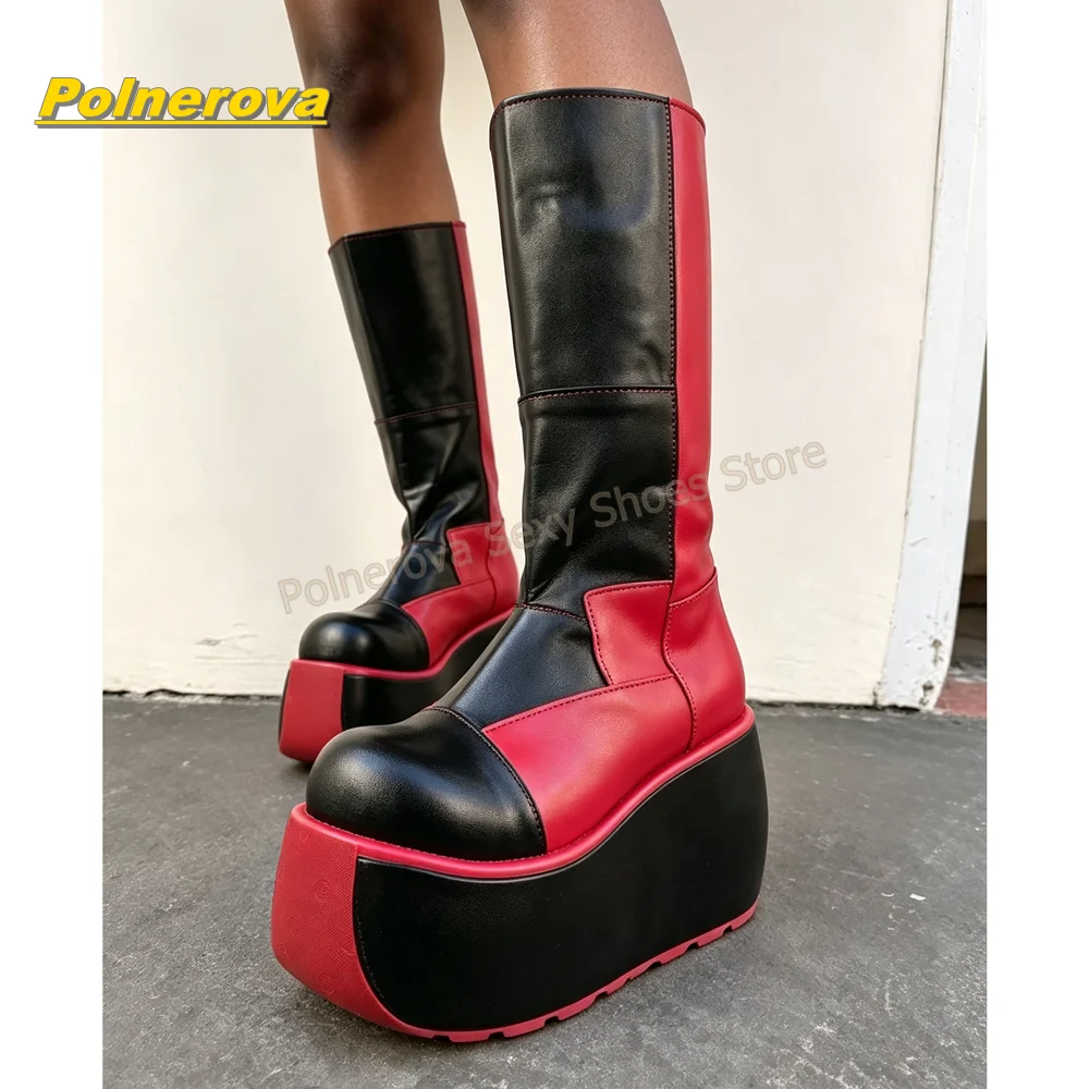Women Y2K Color Block Platform Boots Round Toe Wedge Punk Boots Gothic Knee High Boots Street Style Fashion Footwear 2026 Trend