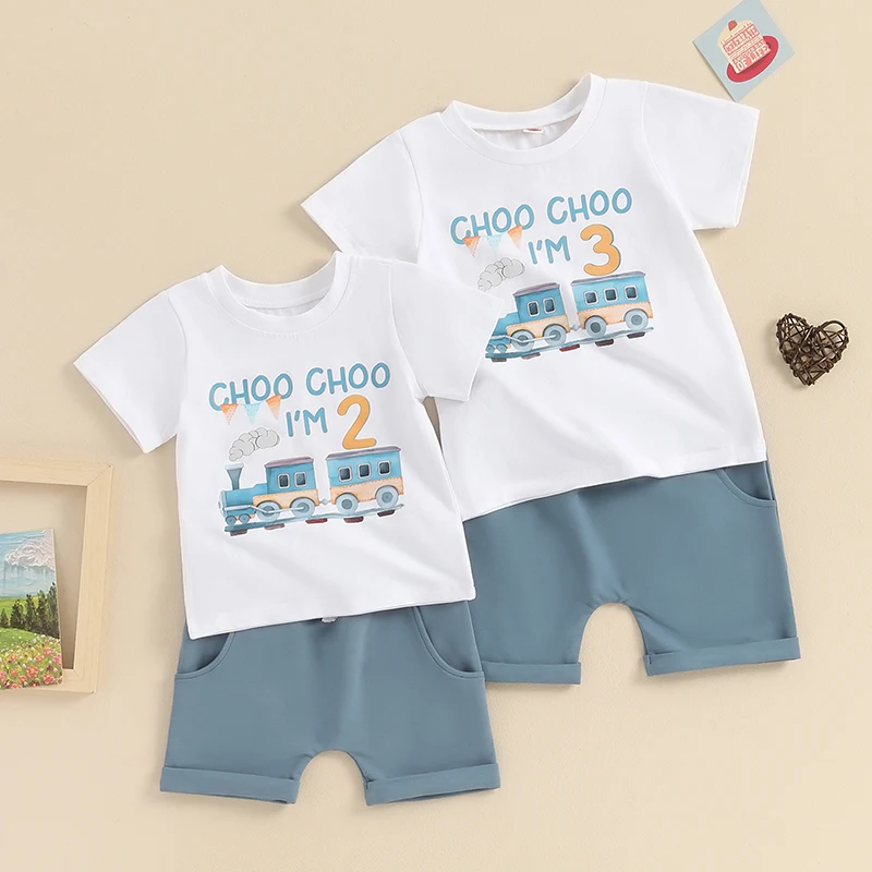 

Summer Toddler Boy Clothes Birthday Outfit Train Letter Print Short Sleeve T-Shirt with Solid Color Shorts Newborn Set