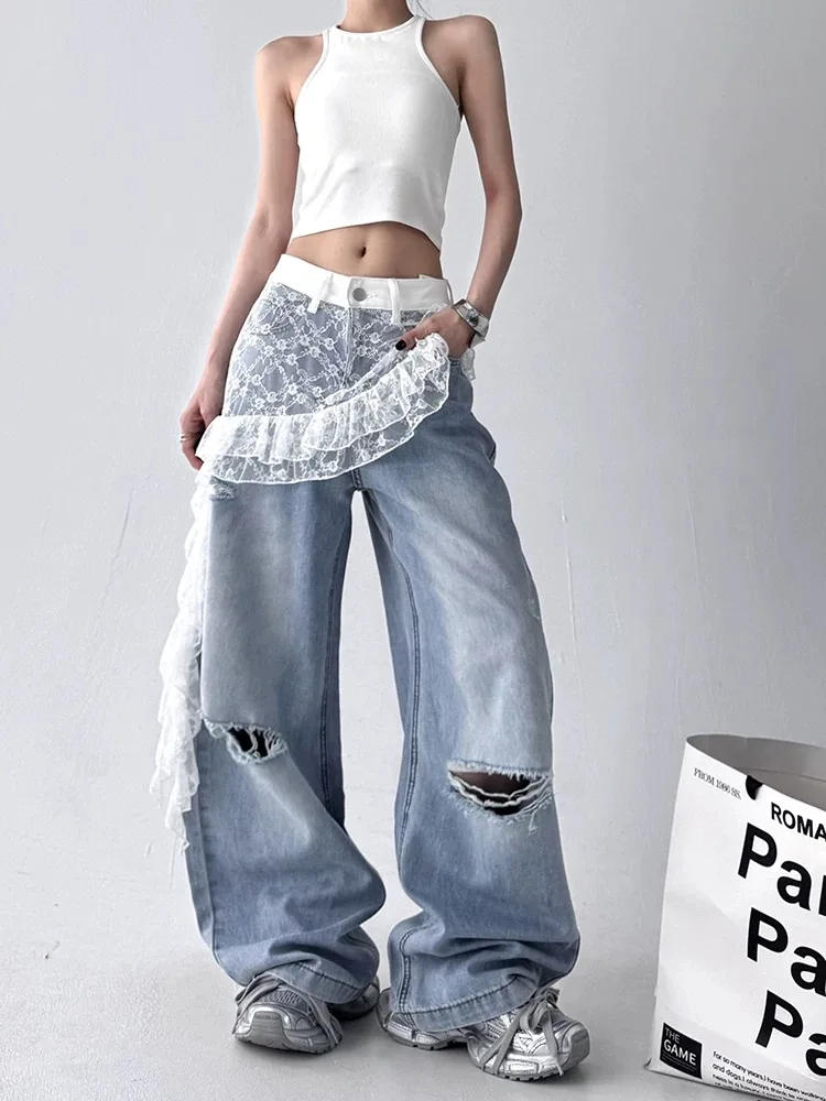Blaue, gespleißte, zerrissene Spitzenjeans für Damen, Harajuku-Stil, modisch, koreanisch, 2025, Sommer, neue hohe Taille, lose breite Beine, schwimmende Hose