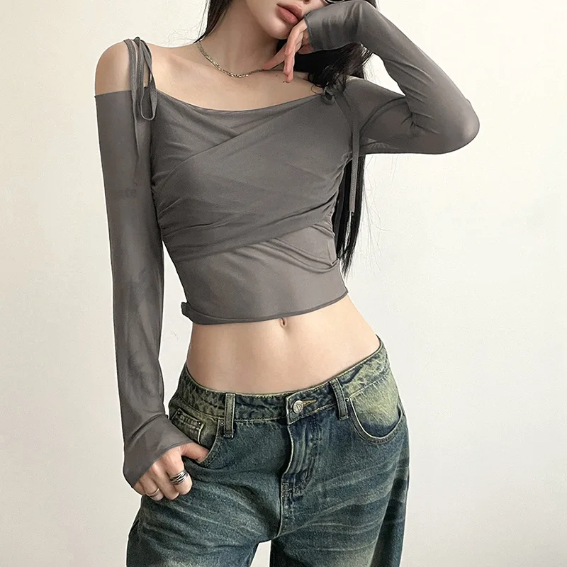 Solid Color Crop One Line Collar Long Sleeved Vintage T Shirts Street Tee Harajuku Clothing Korean Elegant Streetwear Casual Top