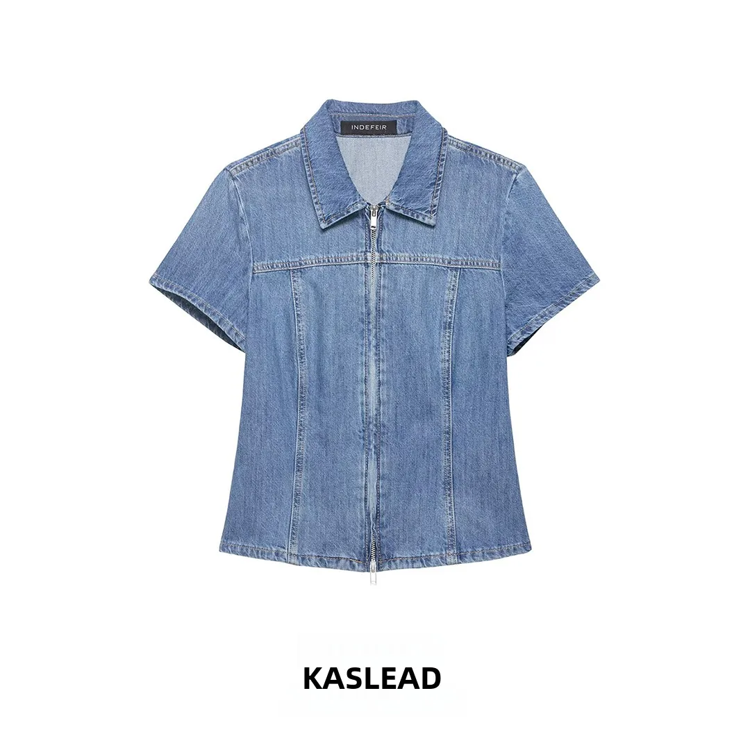 

KASLEAD New Women's Fashion Simple Zipper Denim Shirt Short Sleeve Breathable Polyester Spring 2026 Turn-down Collar