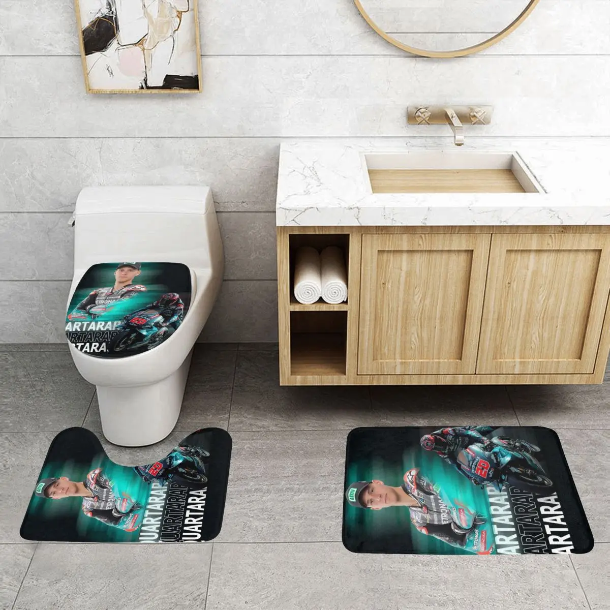 Custom Fabio Quartararo French Motorcycle Racer Bathroom Rugs Sets Non Slip Absorbent 3 Piece Bath Toilet Rugs Mats