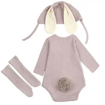 תינוקות יילוד תינוקות בנים בנות פסחא תלבושות צלעות 3D ארנב זנב Romper בגד גוף עם ארנב ארוך כובע אוזן ארנב תלבושת ארנב 6 best sales תלבושת פסח לתינוק - №2