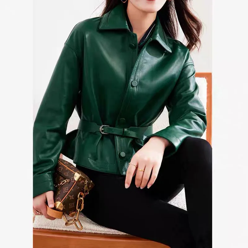 

Women's Leather Jackets, Lapel, Genuine Coat, Drop Shoulder, Sheepskin, Temperament Outwear with Belt, Casual, Spring, Autumn