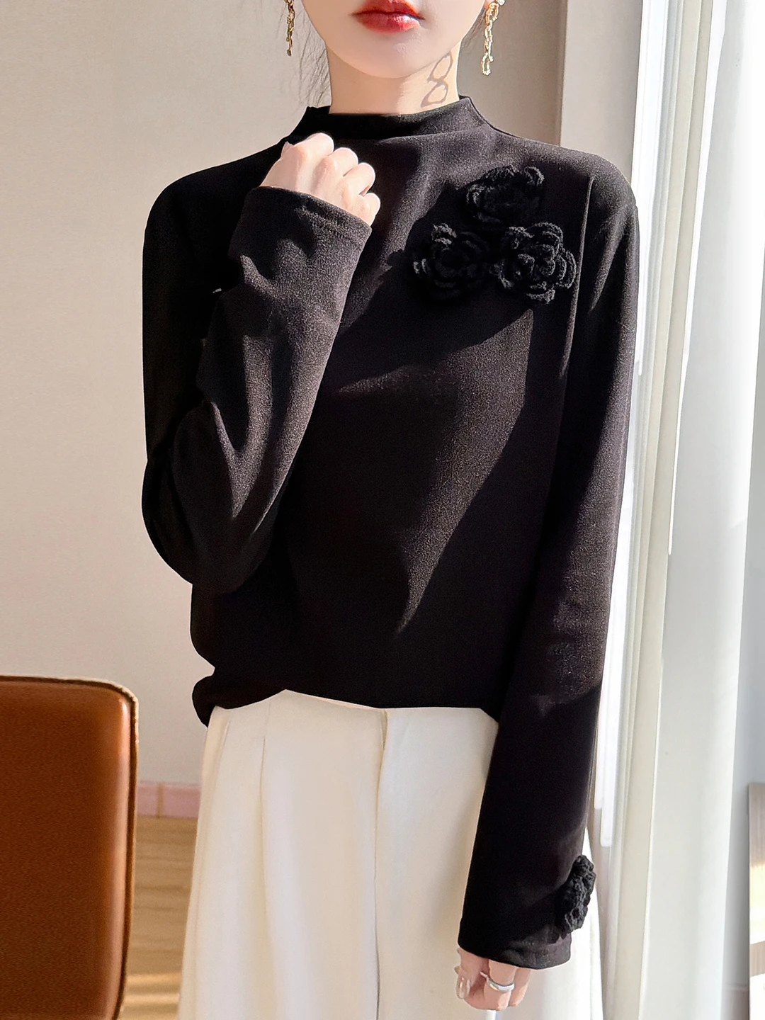 Ele Autunno Inverno Maglione lavorato a maglia da donna Slim Fit High Ne Design floreale 3D Base calda Tessuto morbido in poliestere