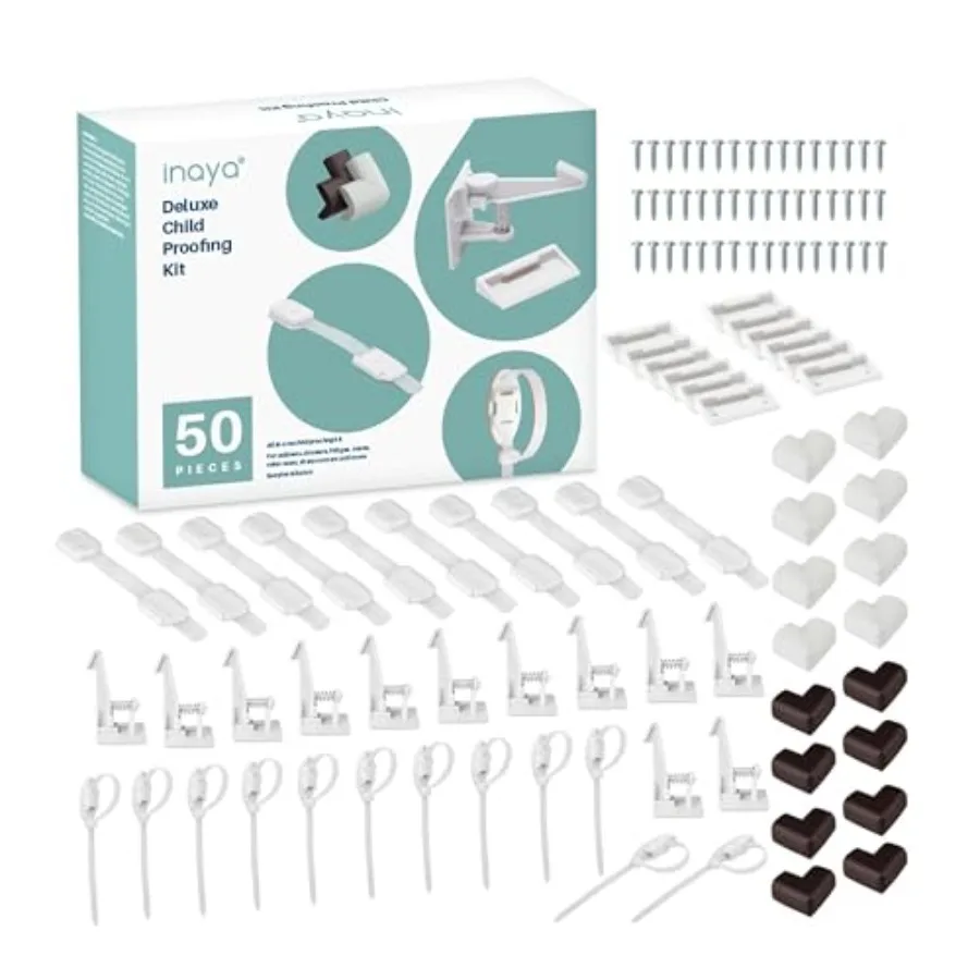 

Inaya Complete 50pc Deluxe Baby Proofing Kit - Flexible Hidden Baby Locks for Cabinets and Drawers, Adjustable Child Safety Lat