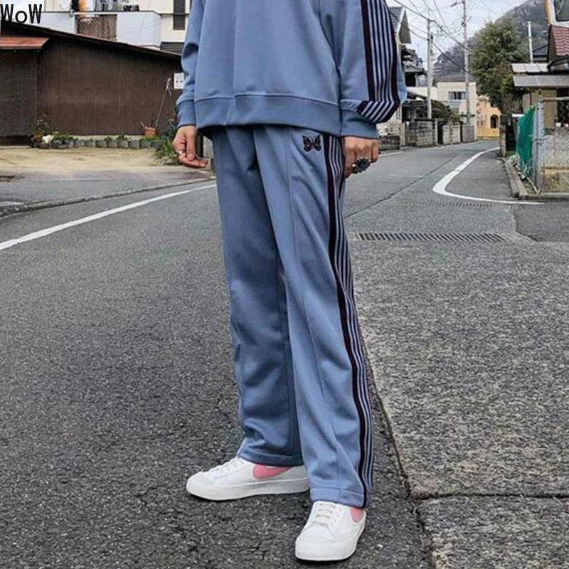 Arrival Webbing Track Stripe Butterfly Embroidery Cotton Pants Oversize Sweatpants Zipper Men Women Light Blue Trousers