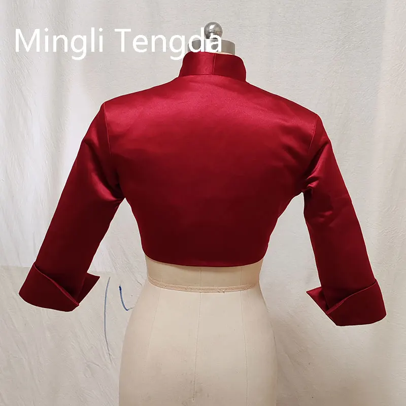 Mingli Tengda-Bolero de boda de satén rojo oscuro, chaqueta de novia, estola, envoltura, Tippet, chal, bolero hecho a medida, mangas 3/4