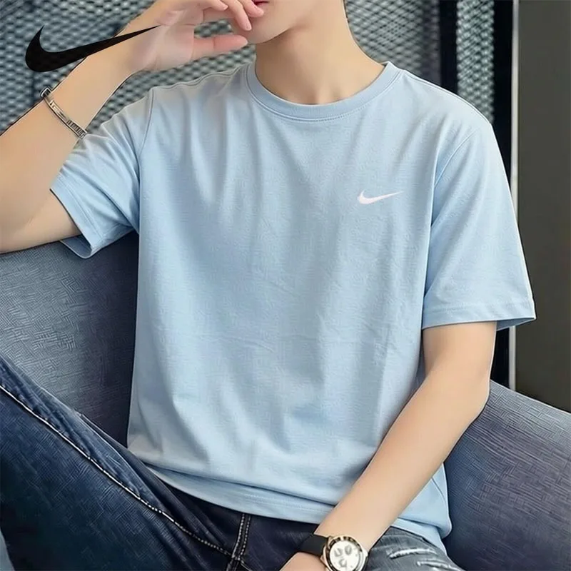 

fitteeAuthentic Nike Men Cotton T-Shirt, Embroidered Small Logo Crew Neck Short Sleeve Top, Summer Sports Fitness Tee BV0508-474