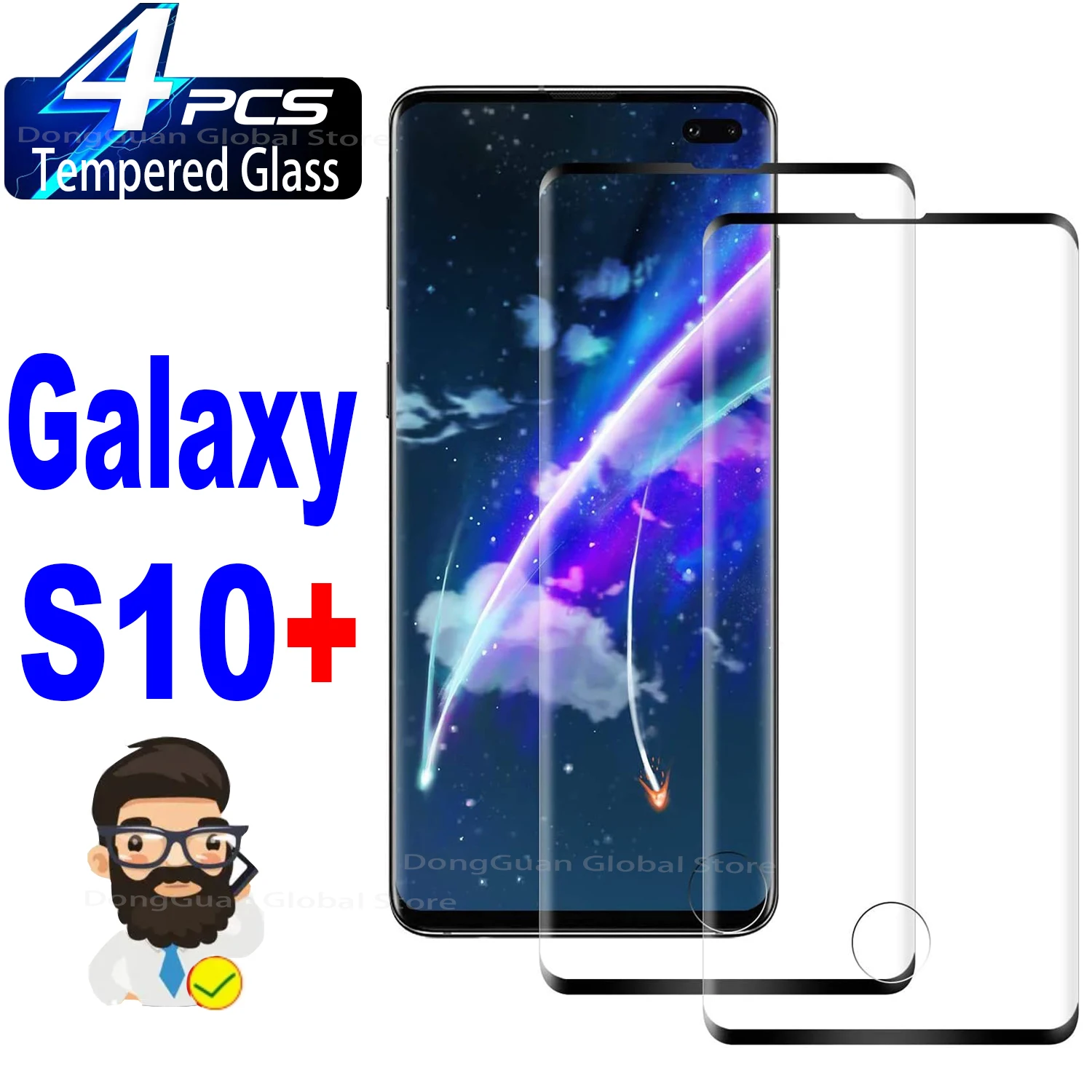 

1/4Pcs 3D Tempered Glass For Samsung Galaxy S10+ Plus SM-G975 For Bearded Man Fingerprint Unlock Screen Protector Glass