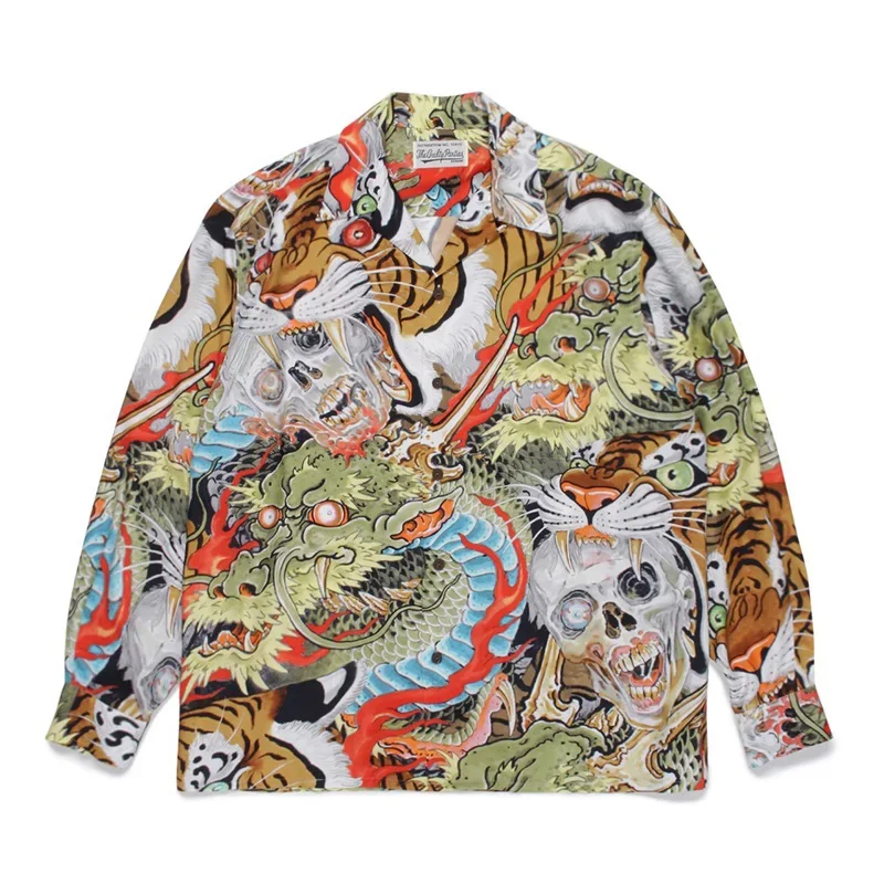 

2024 Autumn WACKO MAR Best Quality Hawaiian Long Sleeve Shirts Men Women 1:1 Casual Dragon Tiger Skull Pattern