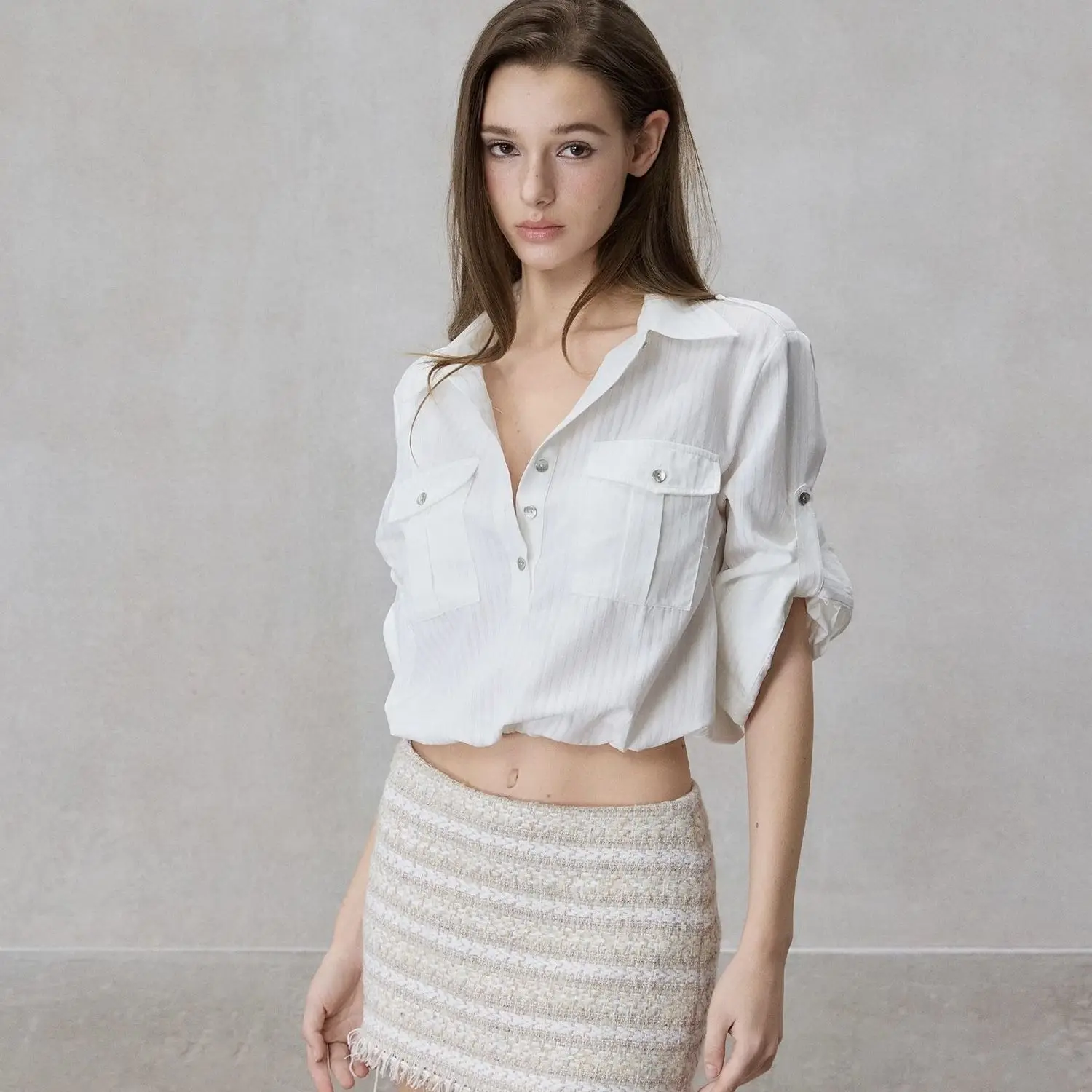 White Loose Drawstring Short Striped Long-sleeved Shirt Women's Early Spring New High-end Lapel Top