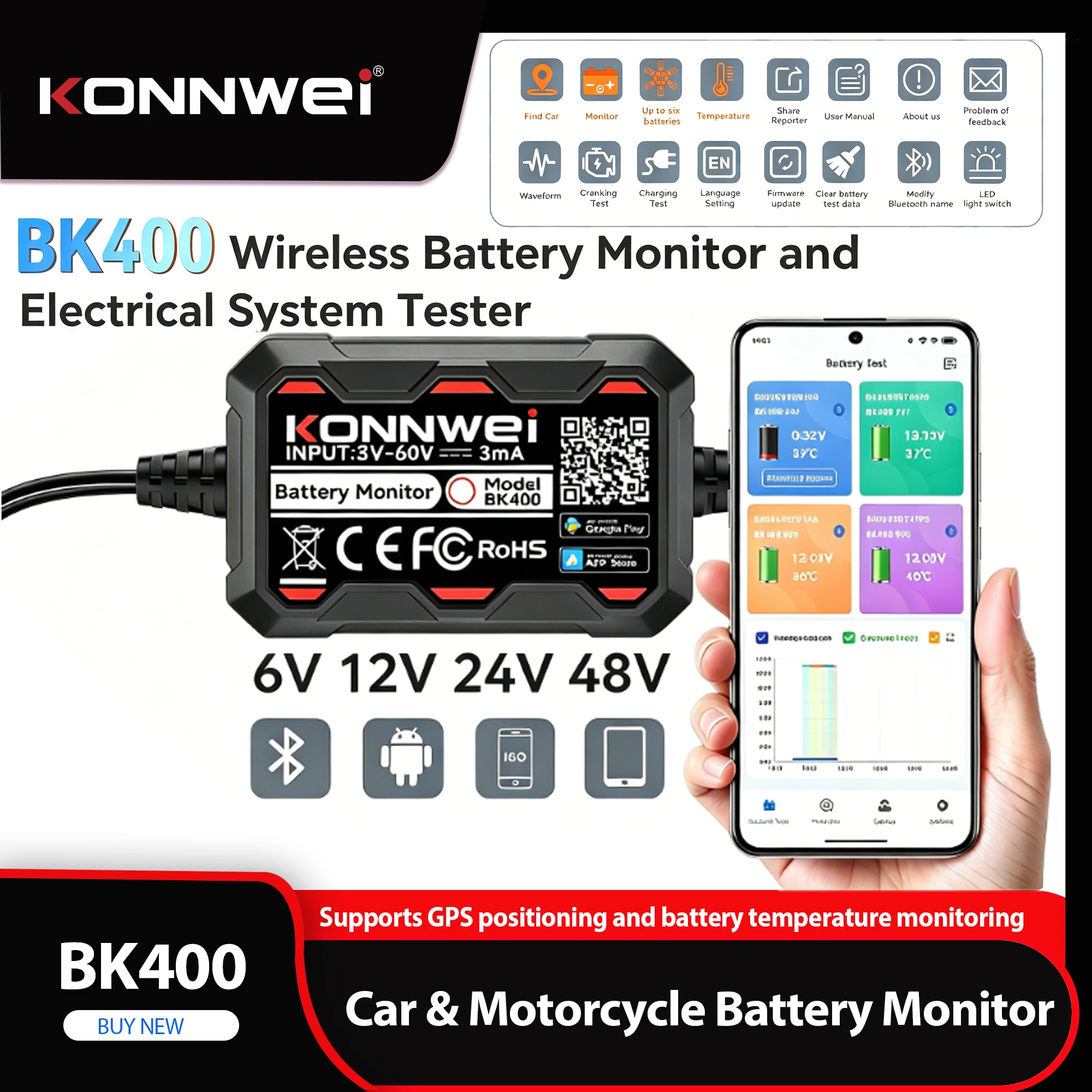 2026 KONNWEI BK400 GPS Batterie-Monitor 6V 12V 24V 48V SOC SOH Tester Auto Marine EV EFB Lithium AGM Blei-Säure Diagnosegerät