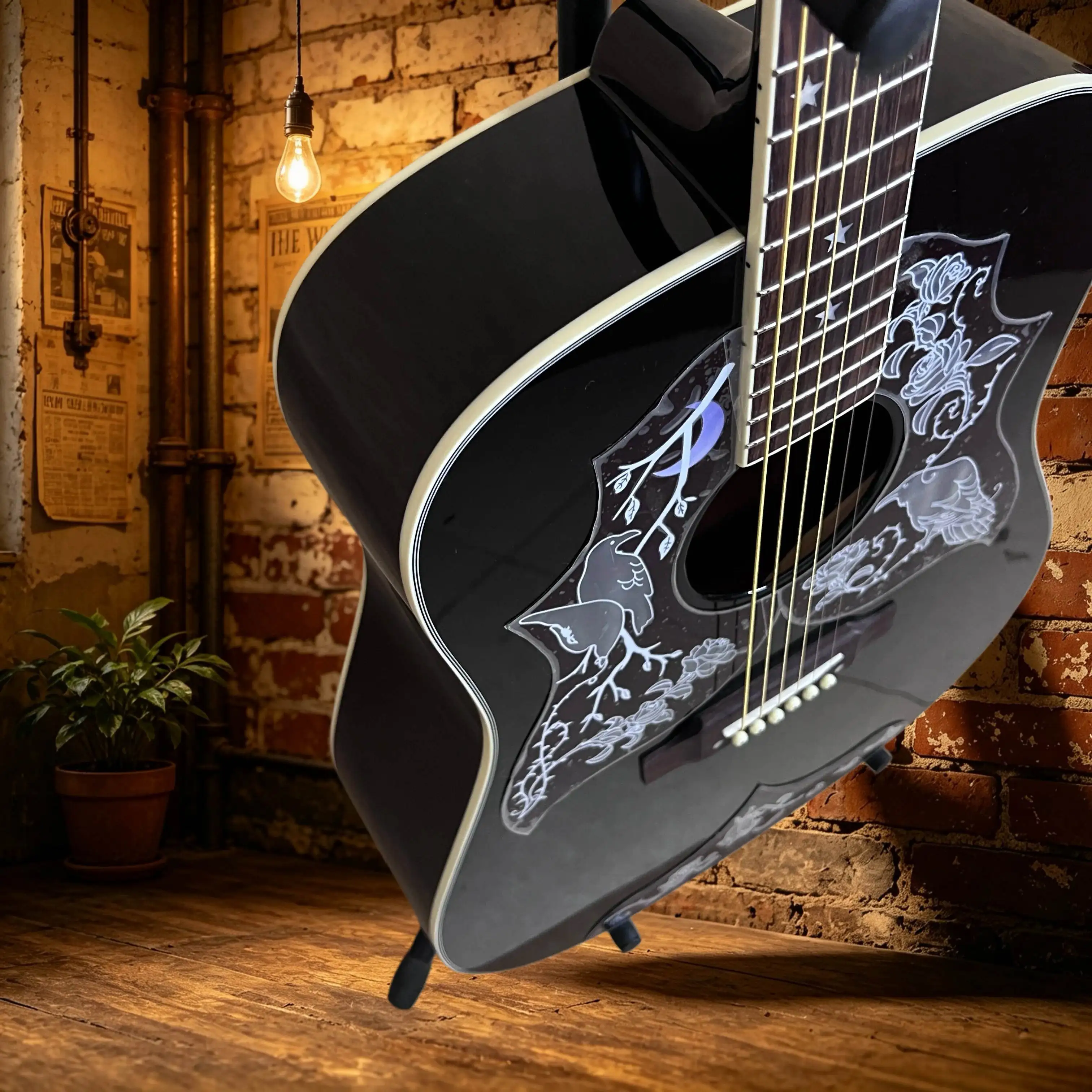 2026 Hot  Acoustic Guitar Black Background Crow Rose Carving D Bucket Star Shell Product Description Free Shipping Mahogany Body