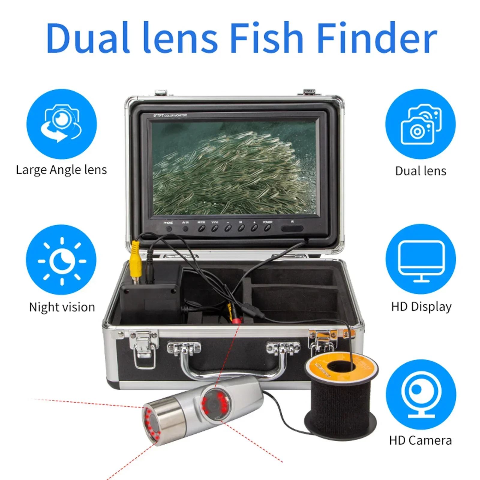 WF20 Underwater Fishing Camera 7'' Display 15m Cable Dual Lens Ice Fishing Camera  for Raft Fishing Boat Detector Fish Finder