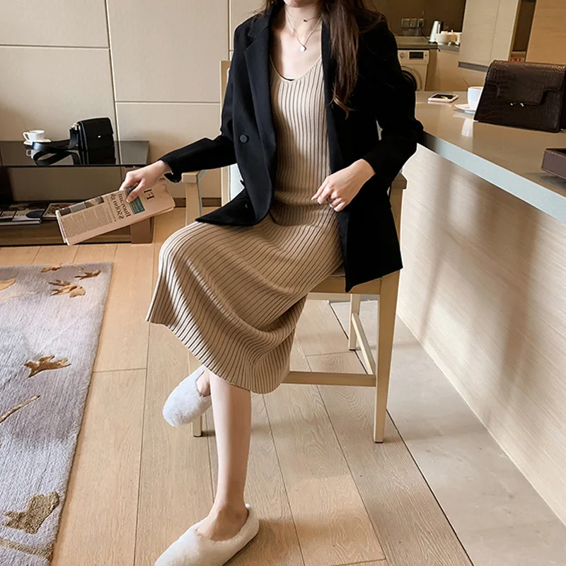 New spring and autumn women's solid color ice silk knitted suspender dress slim temperament V-neck bottoming skirt Joker dress