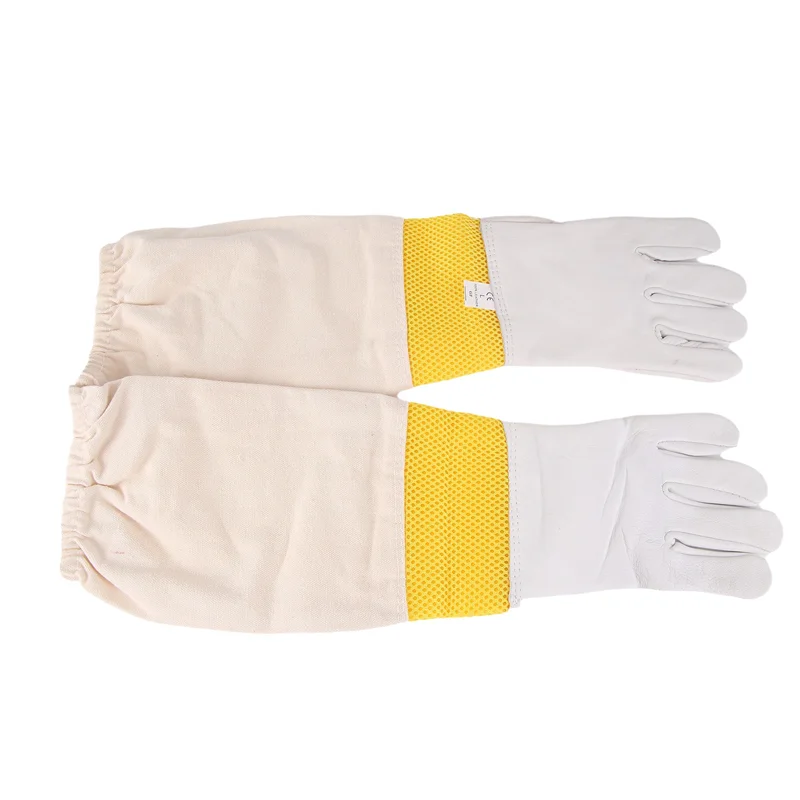 Beekeeping Gloves Beekeeping Tools White Leather Golden Yellow Mesh Short Mesh Breathable Gloves Bee Protection Tools-B91B