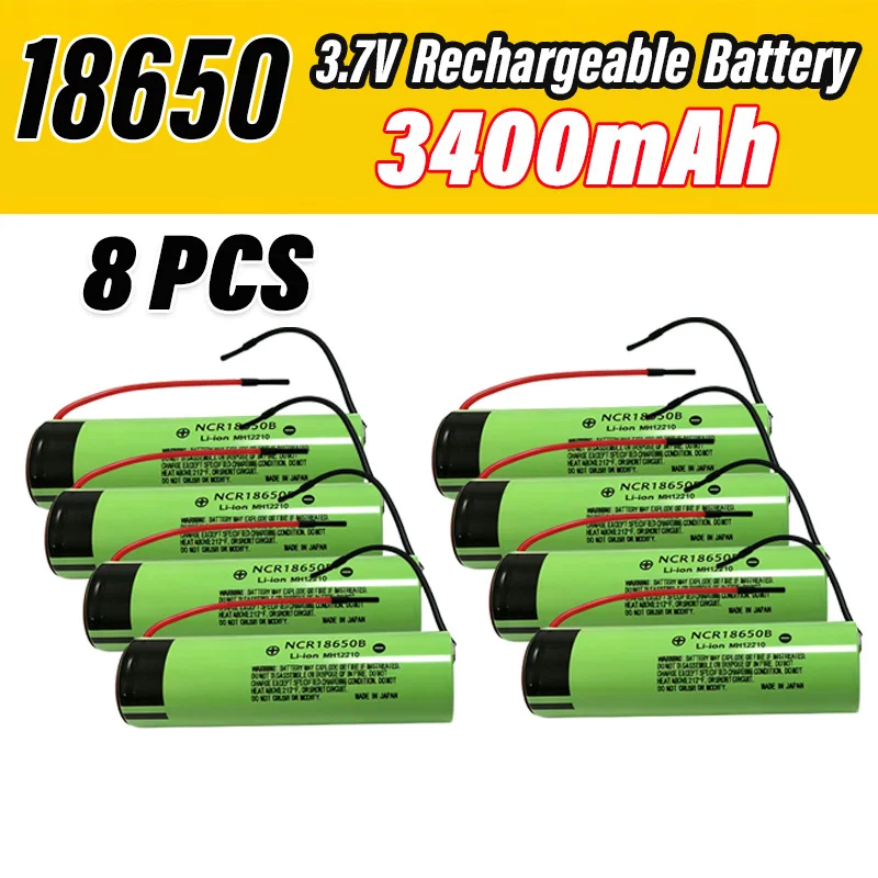 3.7v 3400mAh 18650 Li-ion Rechargeable Battery NCR18650B With Welding Silica Gel Cable DIY Flat Top Batteries For Flashlight Ect