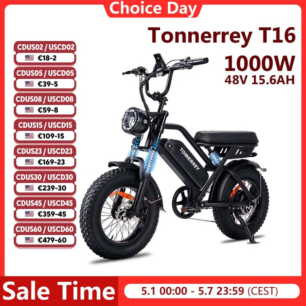 

Tonnerrey T16 Electric Bicycle 1000W 48V 15.6AH Electric Bike 16" Fat Tire E-Bike 22 MPH Max Speed 80 Miles Range Ebike for Teens