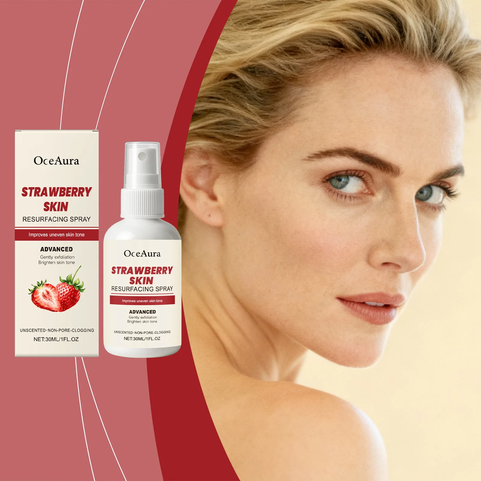 OCEAURA Spray idratante per il viso alla fragola Allevia la secchezza Idrata Illumina Migliora l'elasticità Sbiancamento Rinfrescare il viso Spray lenitivo