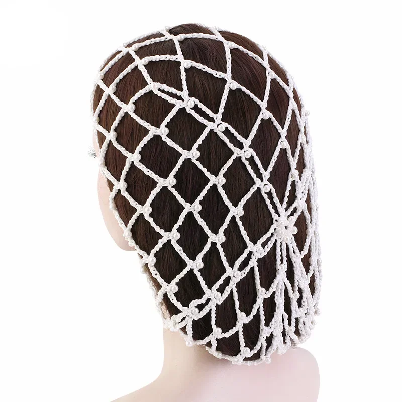 Inlaid white pearl Hair Net Long Pattern Cotton Wig Weaving Cap Mesh Base Machine Made with Hair Net for Women\'s Sleeping