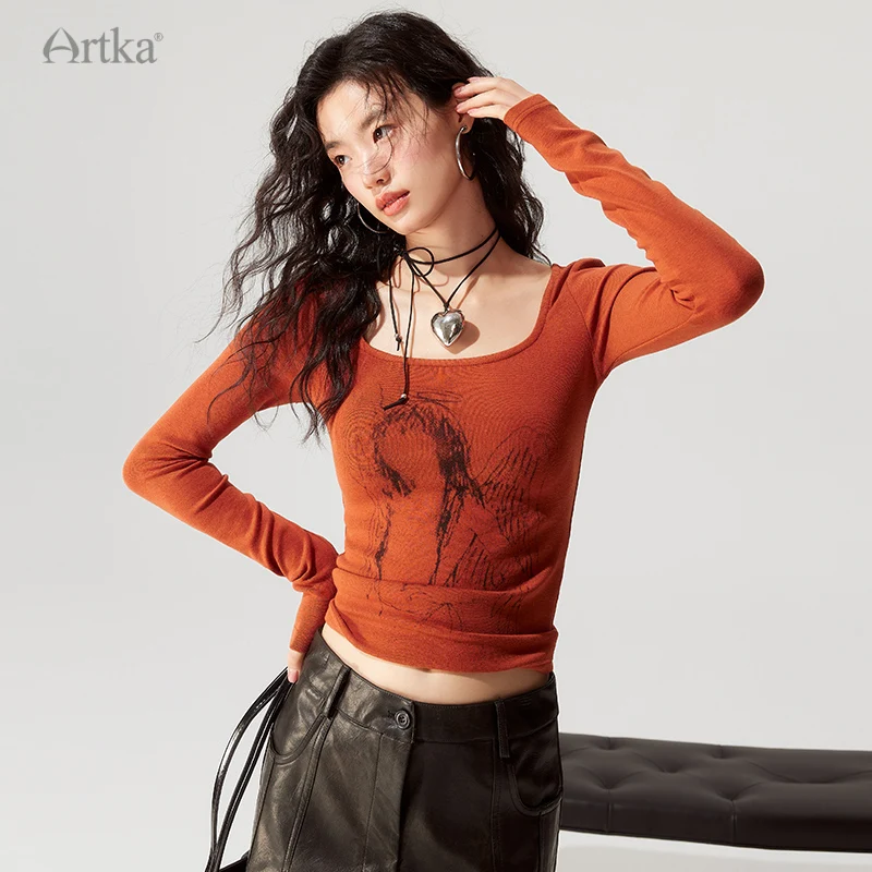 ARTKA 2023 Autumn New Women T-shirt Fashion Square Neck Slim T-shirts American Vintage Long Sleeve Printed T-shirt TA92230Q