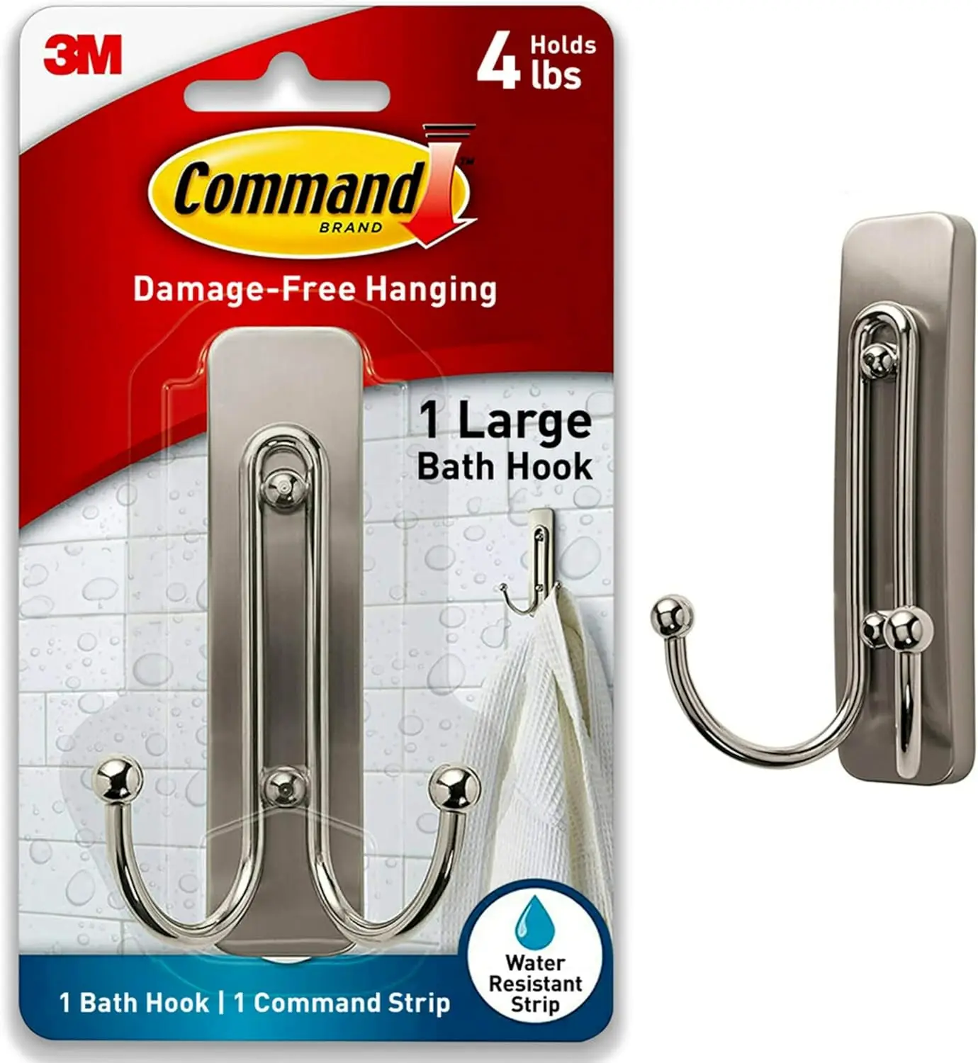 

Large Double Bathroom Wall Hook with Adhesive Strip, Holds Towels up to 4 lb, Damage-Free Hanging in Satin Nickel Finish