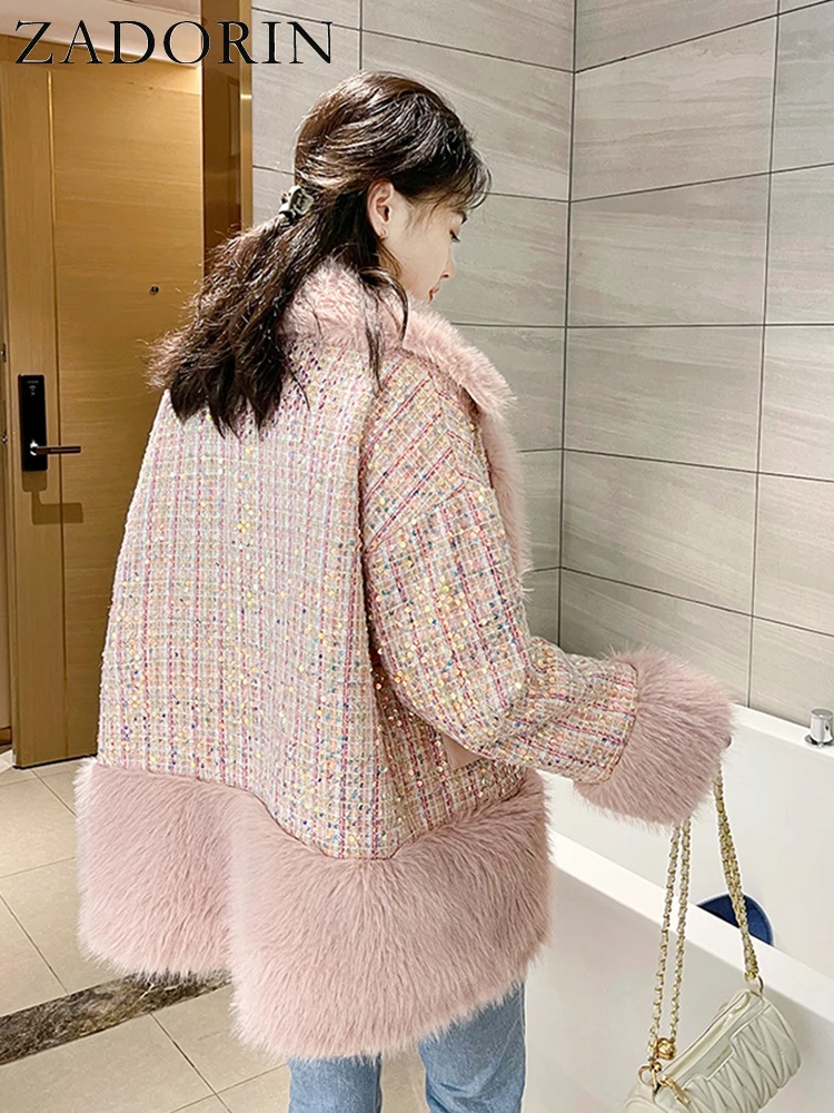 ZADORIN Korean Style Sequined Women Faux Fur Coat Splicing Tweed Warm Long Sleeve Loose Pink Blue Fluffy Jacket Fur Coats Women