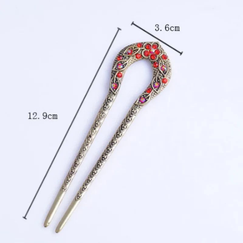 1Pcs Vintage Antique Bronze Plated Hairpins U shape Hair Stick Pin Women Rhinestone Flower Hair Tools Jewelry Hair Accessories