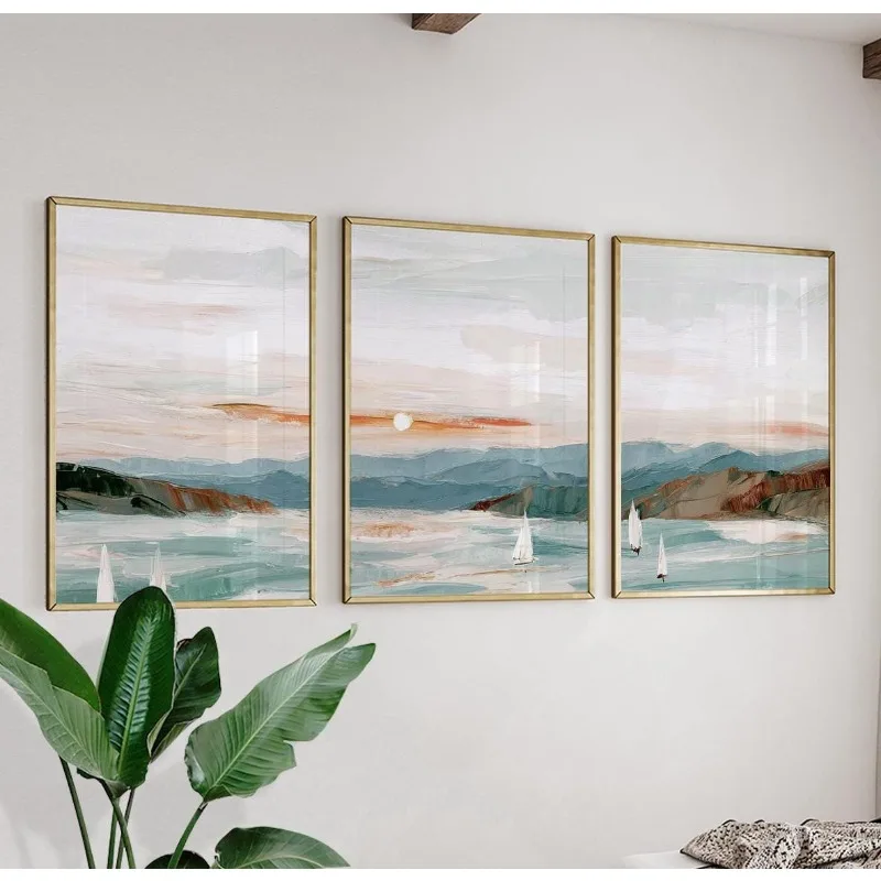 Lot de 3 affiches murales sans cadre, triptyque 2D plat, paysage côtier paisible - Décoration murale abstraite de style impressionniste, toile d'art murale exquise, parfaite