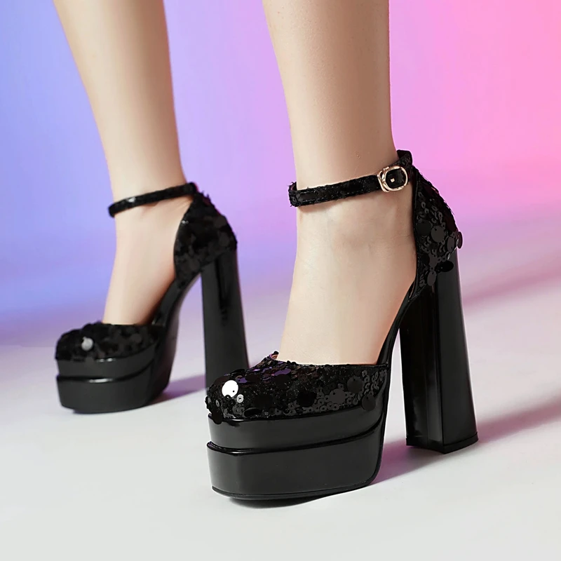 Women\'s New Spring/Summer Nightclub Genuine Leather Sequin Elastic Waterproof Platform Bag Heel Large High Heel Baotou Sandals