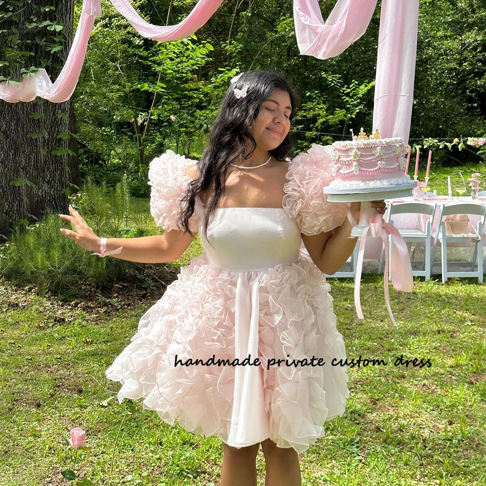 

Baby Pink Ruched Tulle Mini Homecoming Prom Dresses Short Sleeve A Line Fairy Prom Party Dress Back Lace Up Graduation Gowns