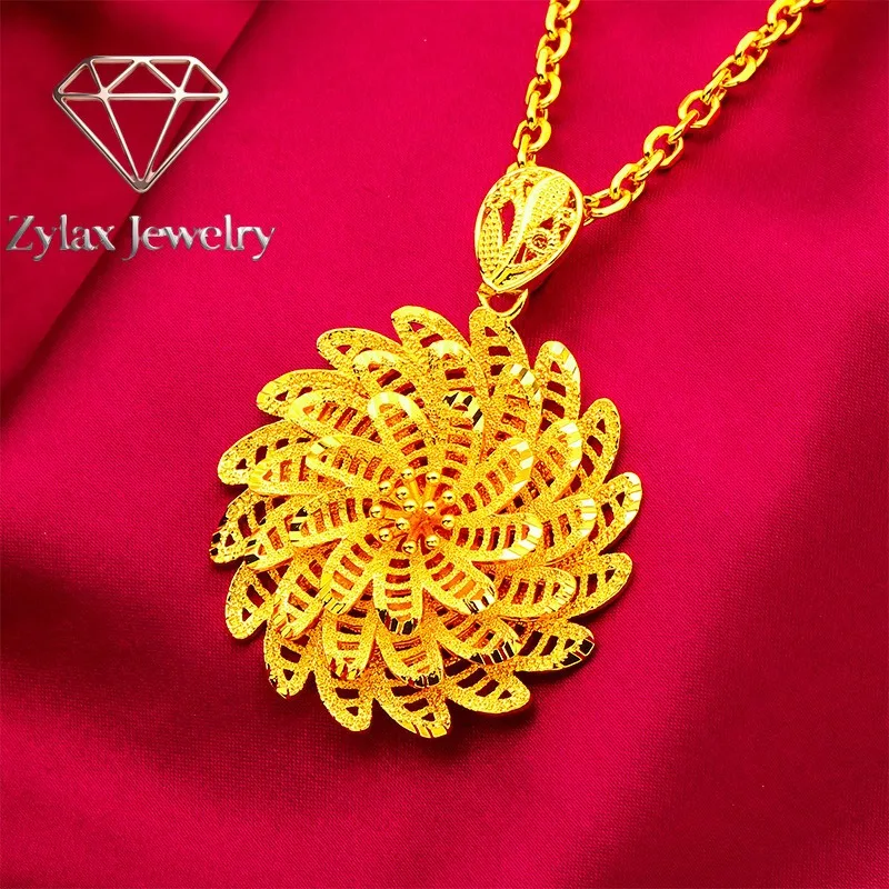 Zylax Jewelry 60cm S-Clasp Large Flower Pendant Women's 24K Gold AU999 - Guochao large flower style, classic S-clasp, for retro