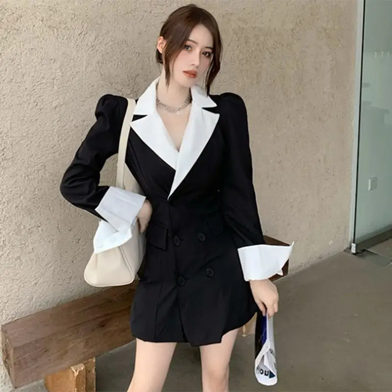 New Blazers for Women Spring Autumn Office Lady Patchwork Suit Dress 2023 Korean Graceful Black Double Button Long Jacket Female