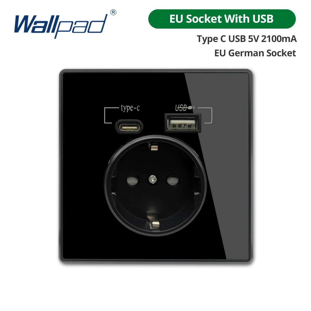 Type-C A Interface Outlet Acryl Spiegel Kristallen Paneel Zwarte Muur EU Rusland Spanje Frans Socket Met USB Charge 5V 2100mA Houder