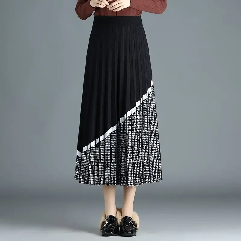 

Chic Mid-length Knitted Plaid Skirts Women Fall Winter Korean Fashion High Waist Loose Ruffles Patchwork Black R289