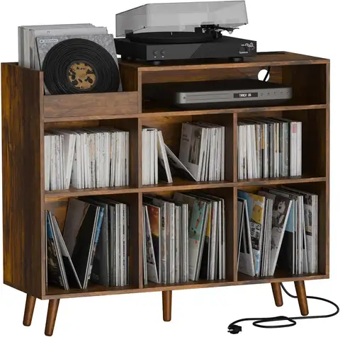 Large Record Player Stand with Vinyl Storage Cabinet, Wood Turntable Table Open Shelf Holder Up to 500 Albums Cube Storage Organ