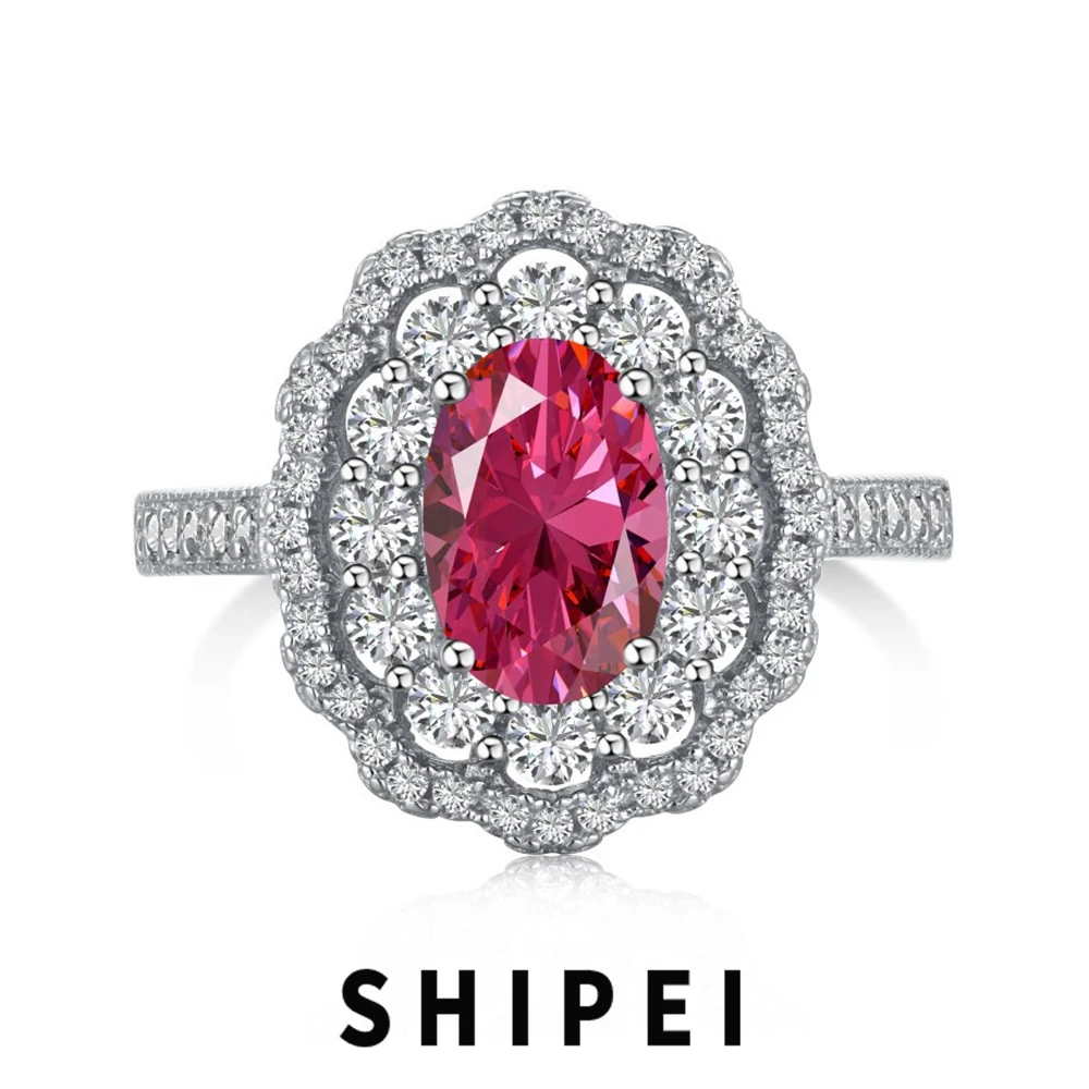 

SHIPEI Vintage 925 Sterling Silver Oval 6*9 MM Ruby White Sapphire Gemstone Wedding Party Ring For Women Fine Jewelry Wholesale