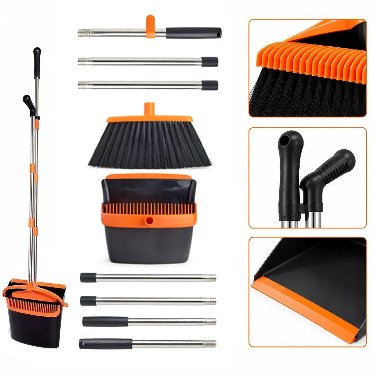Broom and dustpan set long handle, upright dustpan with lightweight stainless steel rod, upright dustpan for kitchen, office