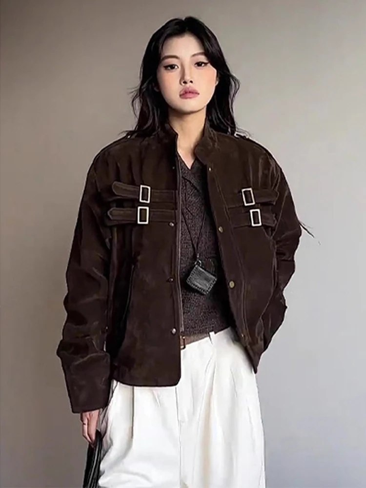 

Retro American Brown Suede Jaet Men's ort Baseball Sle Aircrt Bule Workwear Coat Autumn Season Faion Youth