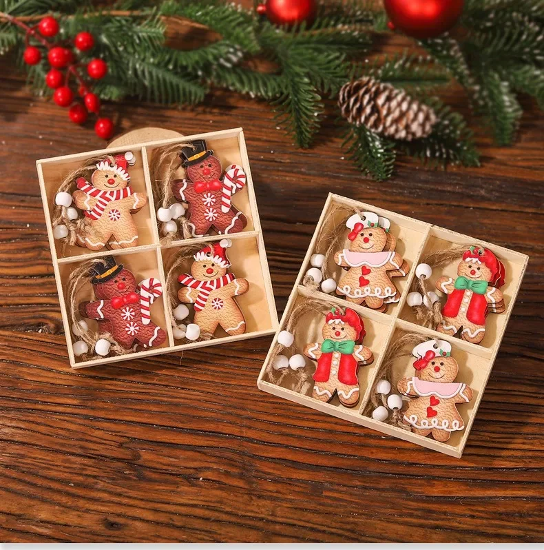 Christmas Decorations Cartoon Four Palace Grid 12pcs Wooden Gingerbread Man Couple Doll Pendant Xmas Tree Hanging Ornaments