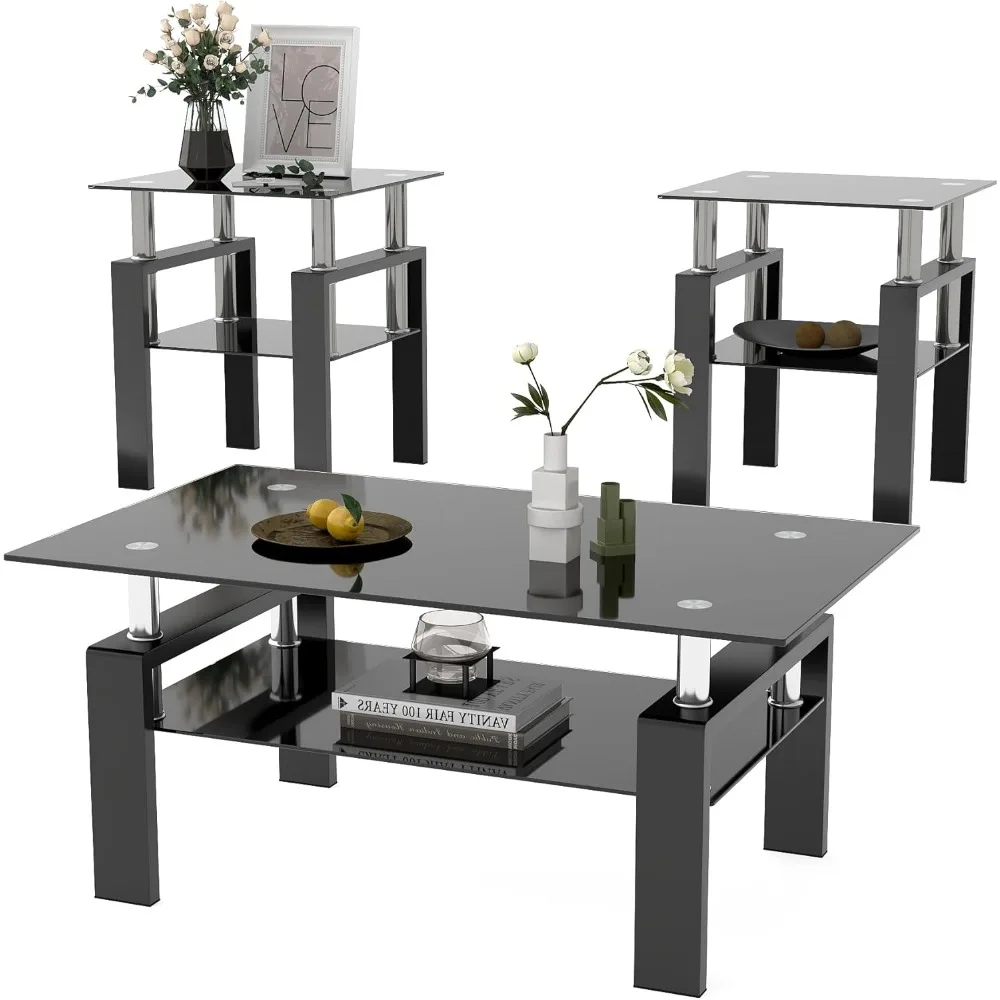 

3 Piece Living Room Set, Modern Tempered Glass Coffee Set, Glass Coffee Table Black Metal Frame End for