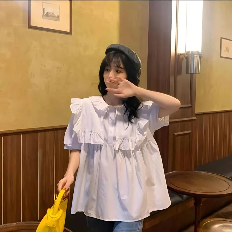 Ruffles Shirts and Blouses Korea Short Sleeve Summer Top O-neck Loose Fashion Woman Blouse 2024 Sweet Cute Button Solid Clothes