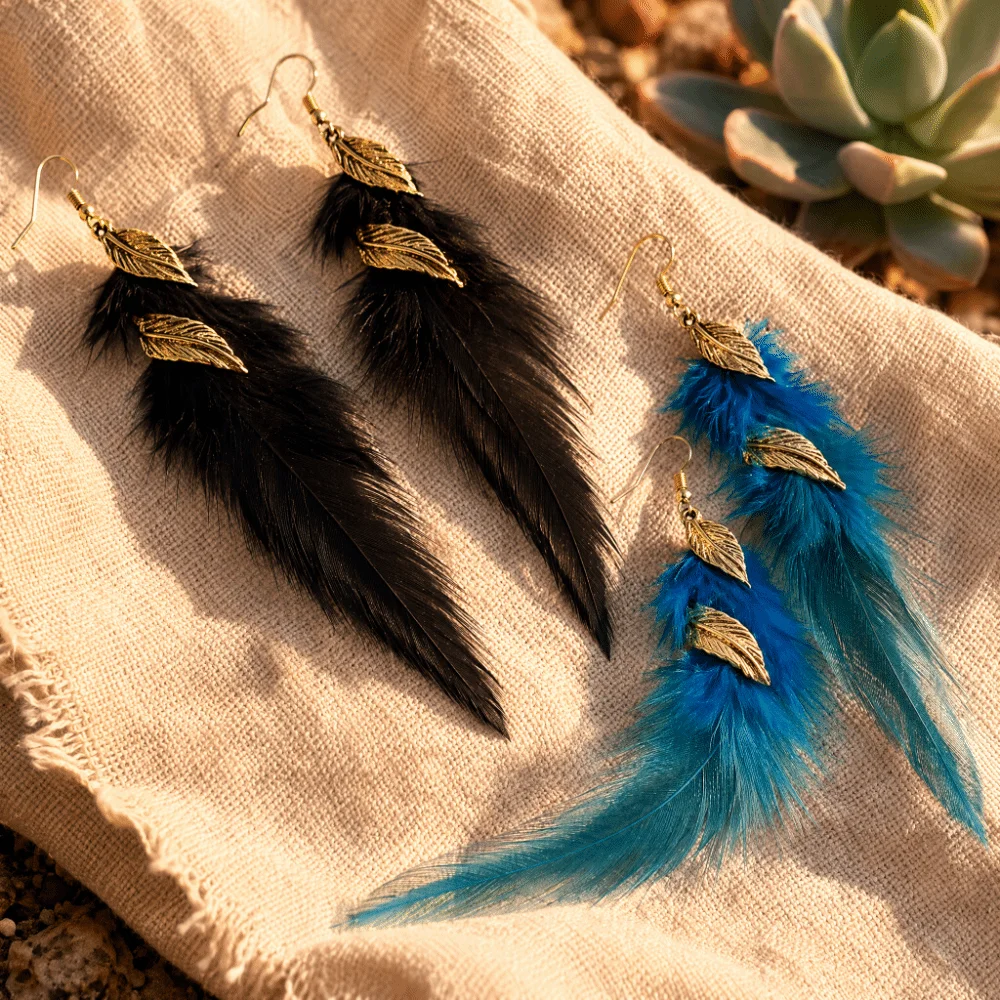 Bohemian Long Feather Dangle Earrings Ethnic Twist Leaf Long Tassel Feather Earrings Jewelry Hanging Dangle Women's Earrings