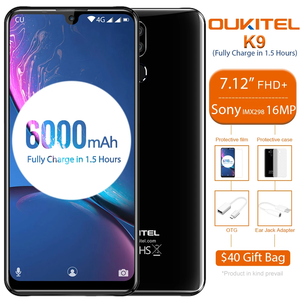 OUKITEL-K9ウォータードロップスマートフォン、オクタコア携帯電話、急速充電、otg、Face id、7.12インチ、1080x2244、4GB、64GB、6000mah、5v、6a