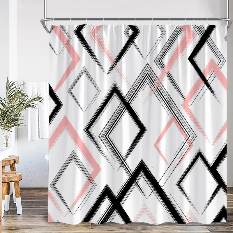 Creative Geometric Shower Curtains Pink Black Rhombus Pattern Bath Curtain Modern Minimalist Polyester Bathroom Decor with Hooks