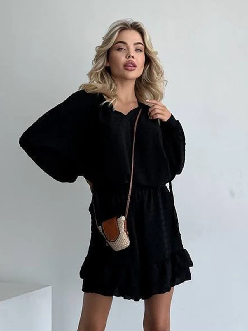 Marthaqiqi Casual Ladies Pajamas Set Lace Up Sleepwear Long Sleeve Nightgowns O-Neck Nightwear Shorts Autumn Female Nightie Suit